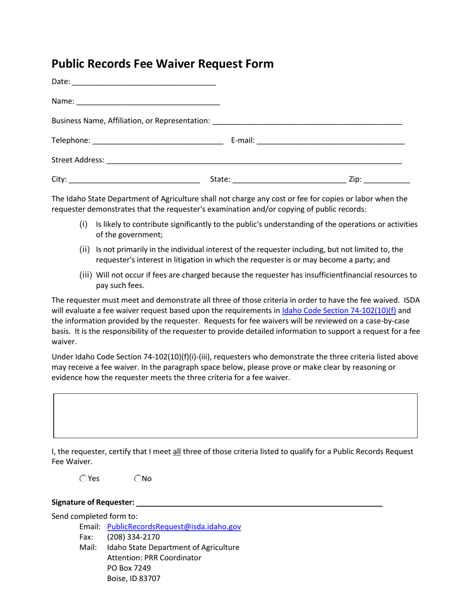 Public Records Fee Waiver Request Form - Idaho, Page 1