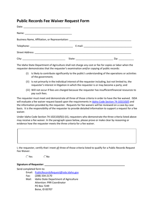 Public Records Fee Waiver Request Form - Idaho Download Pdf