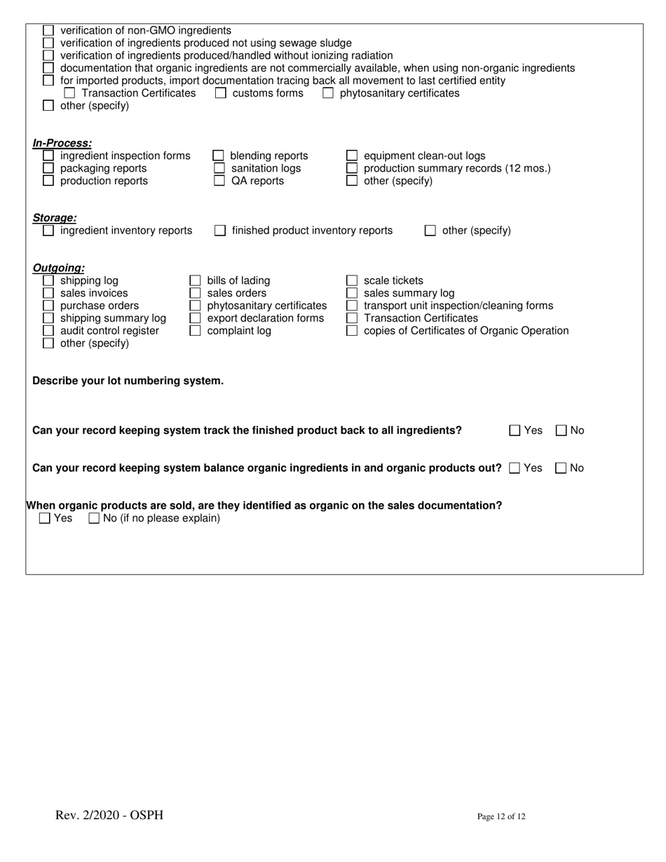Organic System Plan for Handlers and Processors - Idaho, Page 12