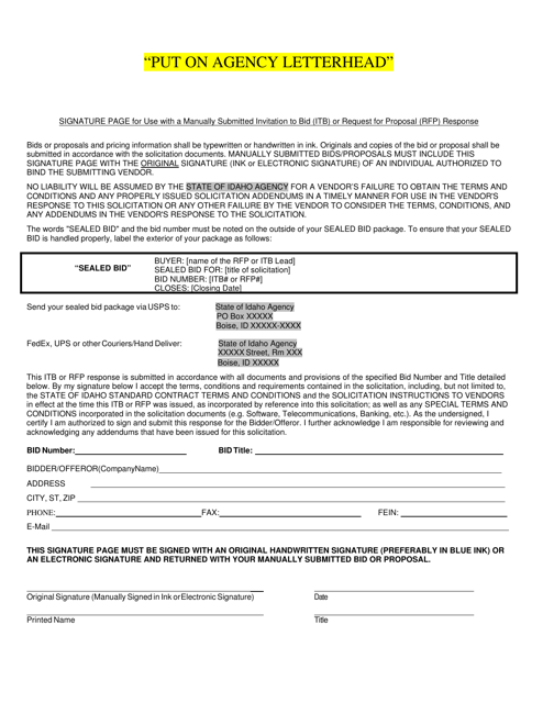 Signature Page for Use With a Manually Submitted Invitation to Bid (Itb) or Request for Proposal (Rfp) Response - Idaho Download Pdf