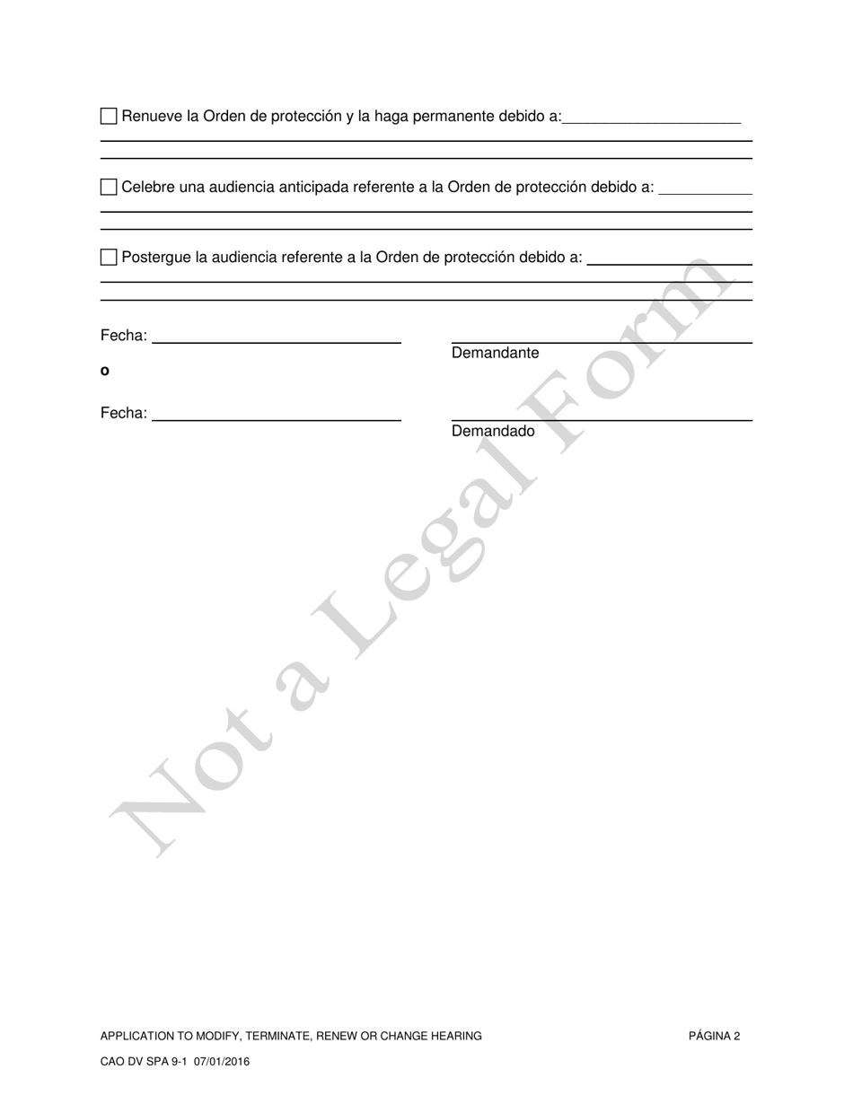 Formulario CAO DV9-1 Solicitud Para Modificacion / Terminacion / Renovacion / Audiencia Anticipada Referente / Postergacion De Audiencia Referente a La Orden De Proteccion - Idaho (Spanish), Page 2