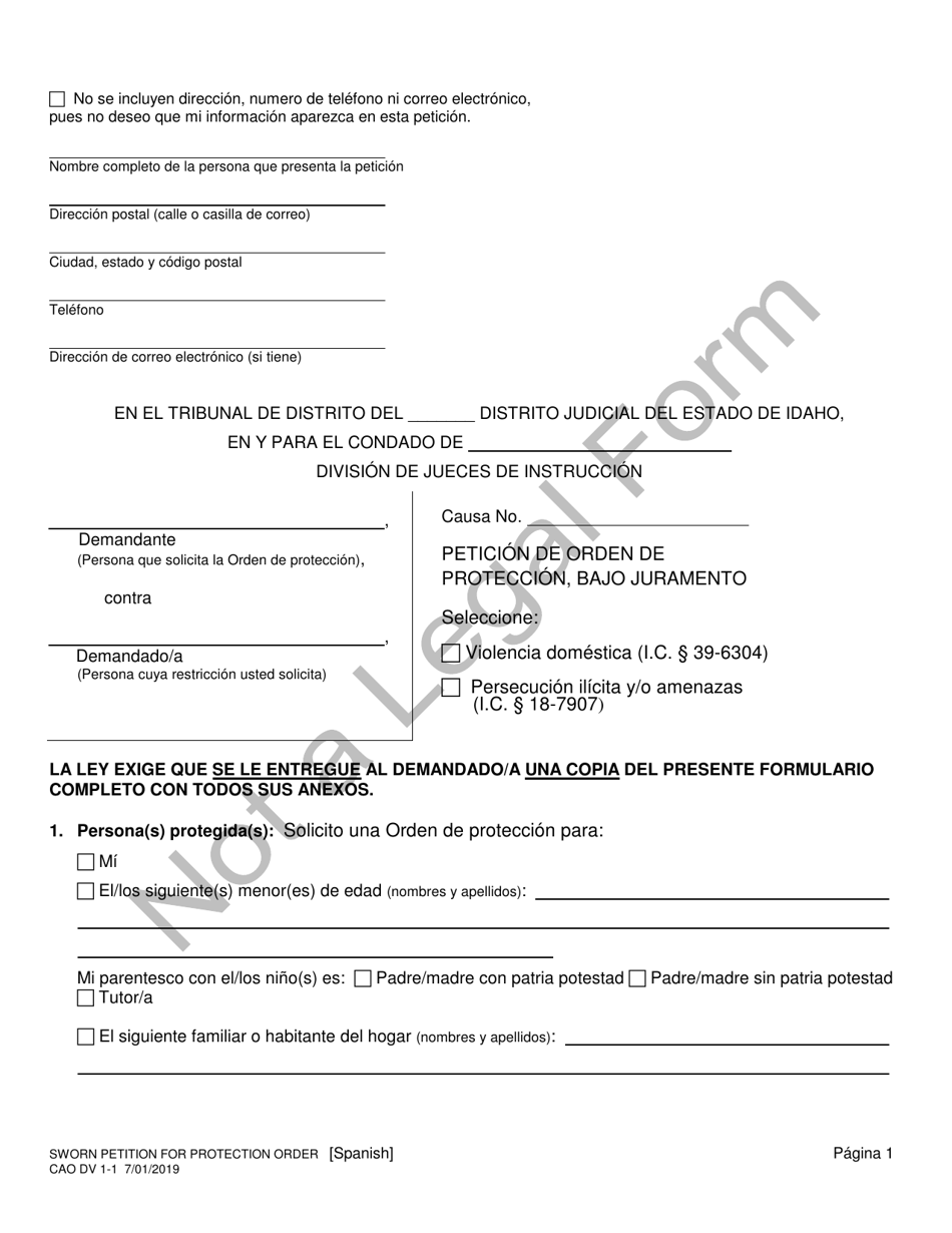 Formulario CAO DV1-1 Peticion De Orden De Proteccion, Bajo Juramento - Idaho (Spanish), Page 1