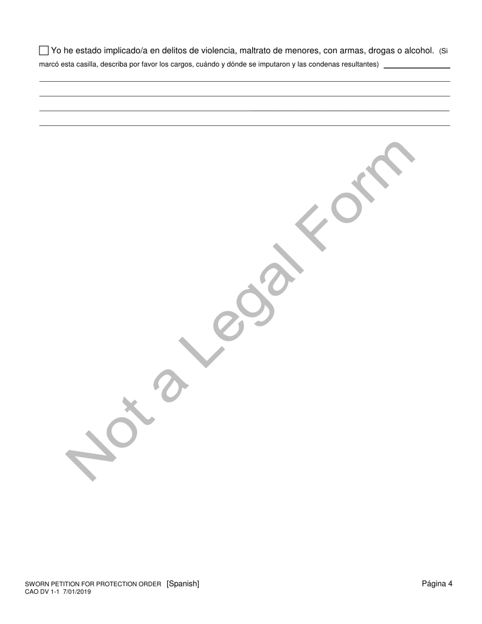 Formulario CAO DV1-1 Peticion De Orden De Proteccion, Bajo Juramento - Idaho (Spanish), Page 4