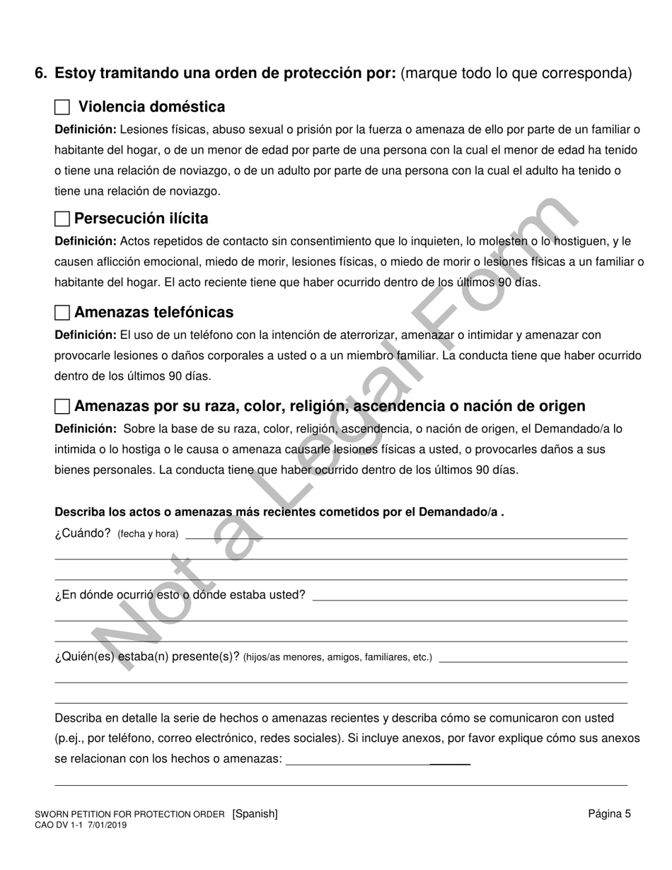 Formulario CAO DV1-1 Peticion De Orden De Proteccion, Bajo Juramento - Idaho (Spanish), Page 5