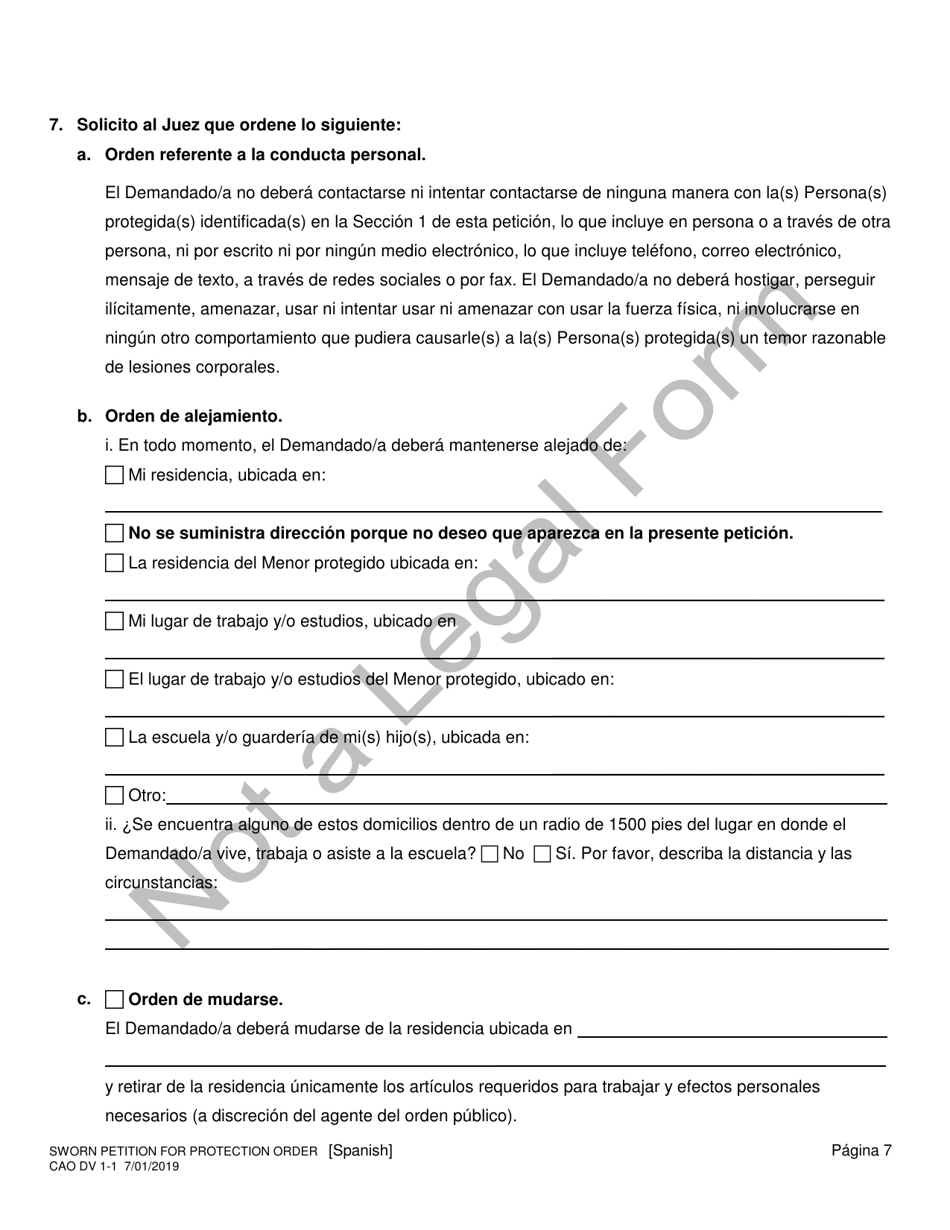 Formulario CAO DV1-1 Peticion De Orden De Proteccion, Bajo Juramento - Idaho (Spanish), Page 7