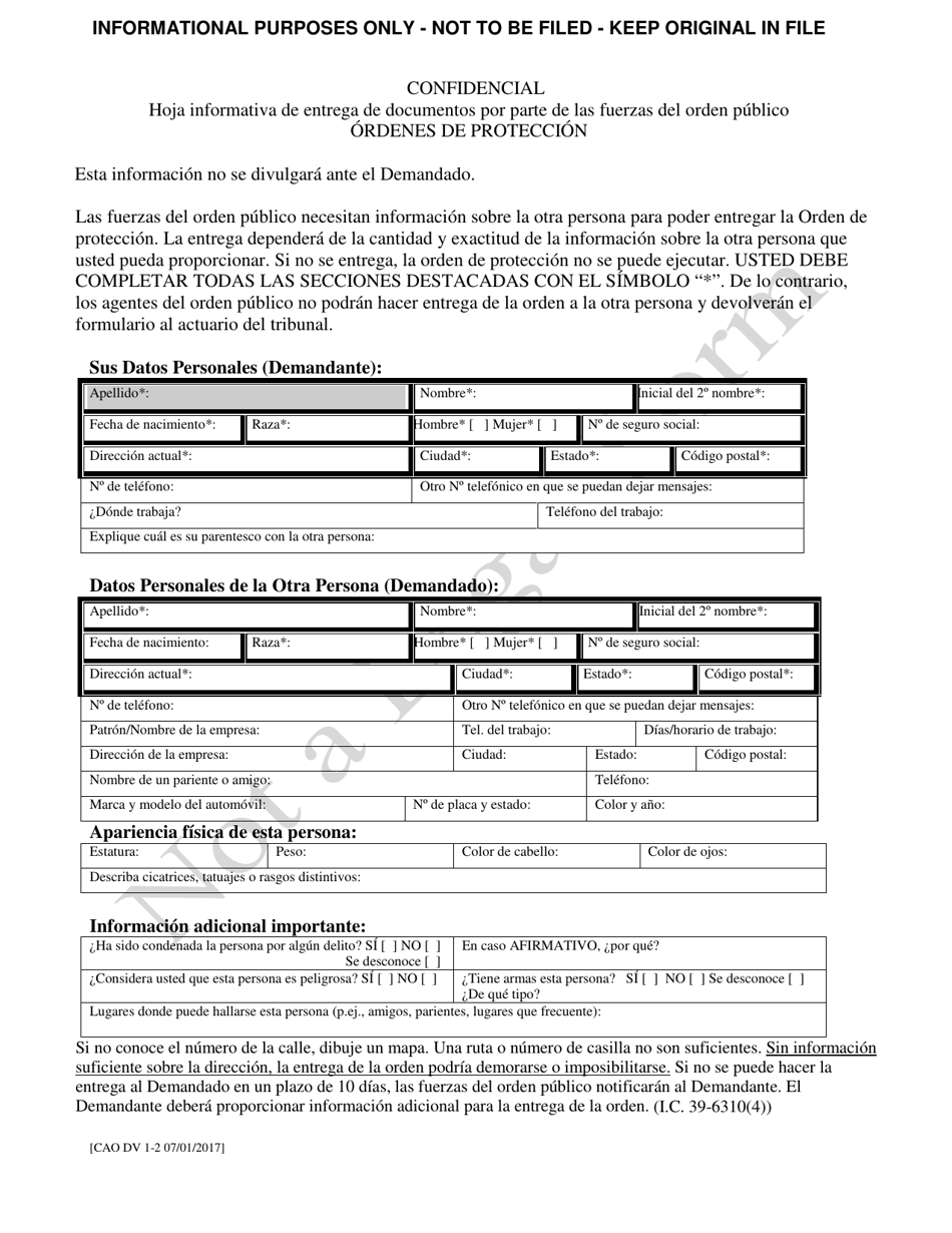 Formulario CAO DV1-2 Hoja Informativa De Entrega De Documentos Por Parte De Las Fuerzas Del Orden Publico Ordenes De Proteccion - Idaho (Spanish), Page 1