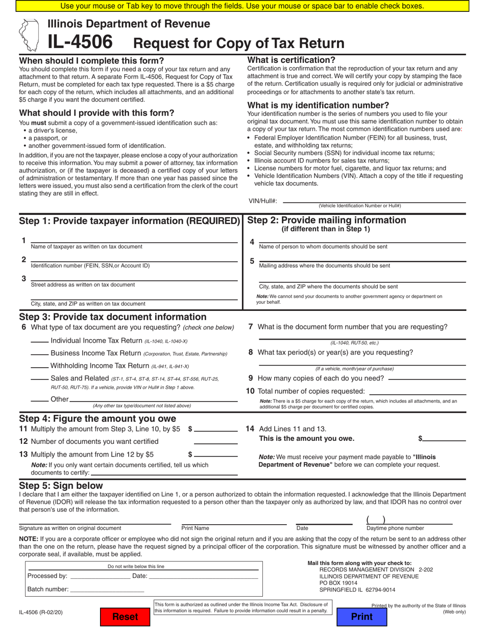 Form IL-4506 Request for Copy of Tax Return - Illinois, Page 1