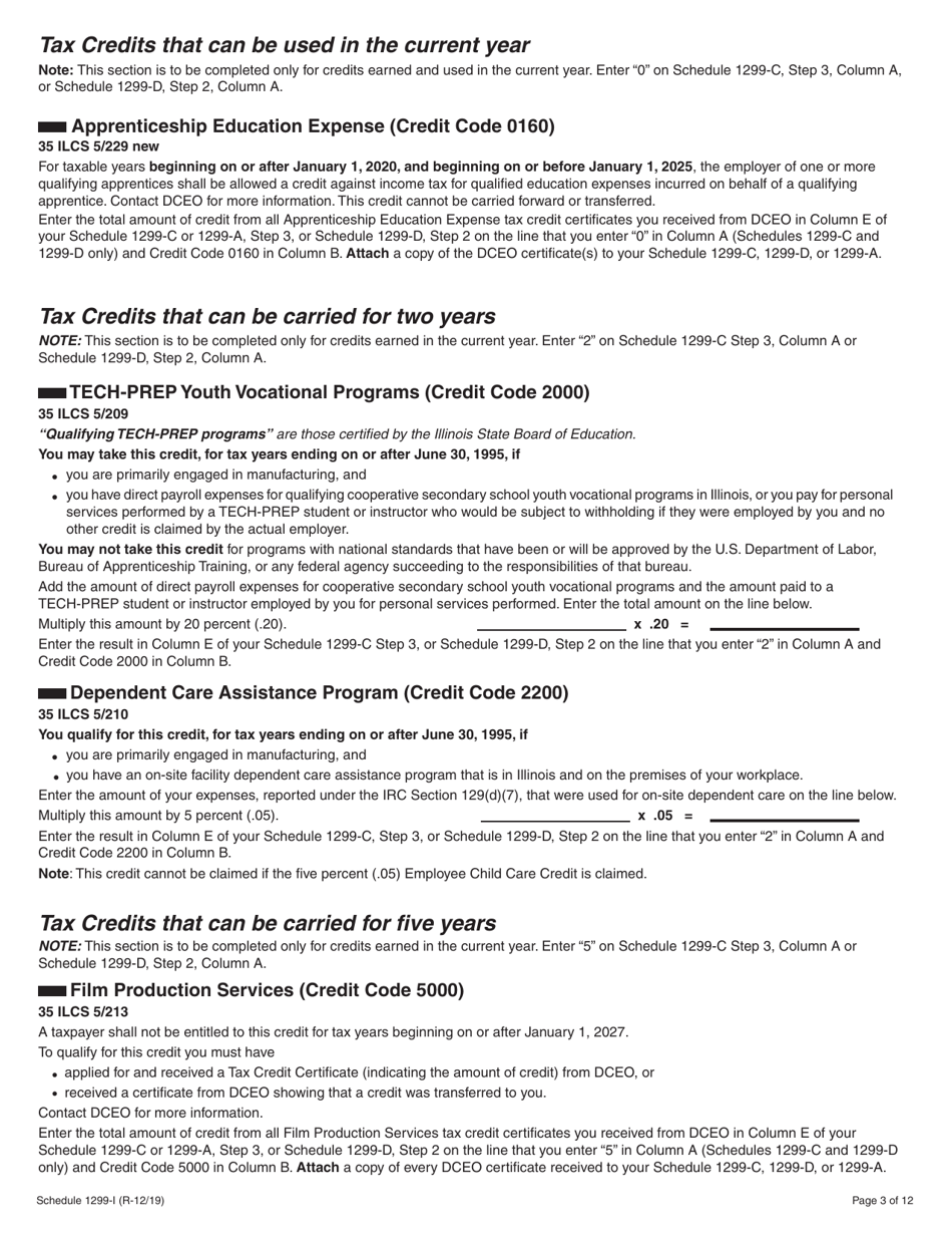 Schedule 1299-I Income Tax Credits Information and Worksheets - Illinois, Page 3