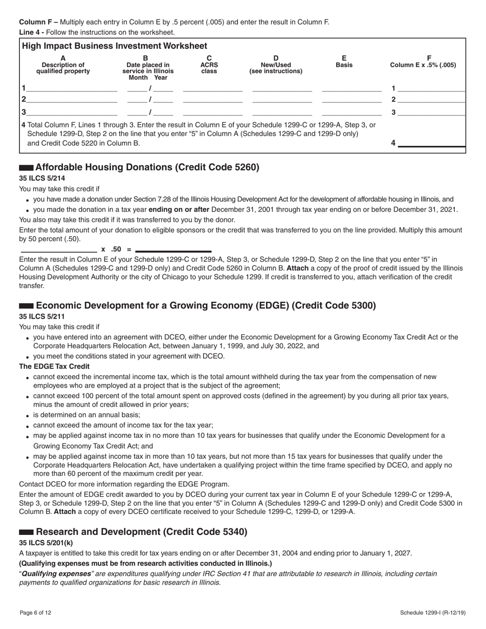 Schedule 1299-I Income Tax Credits Information and Worksheets - Illinois, Page 6