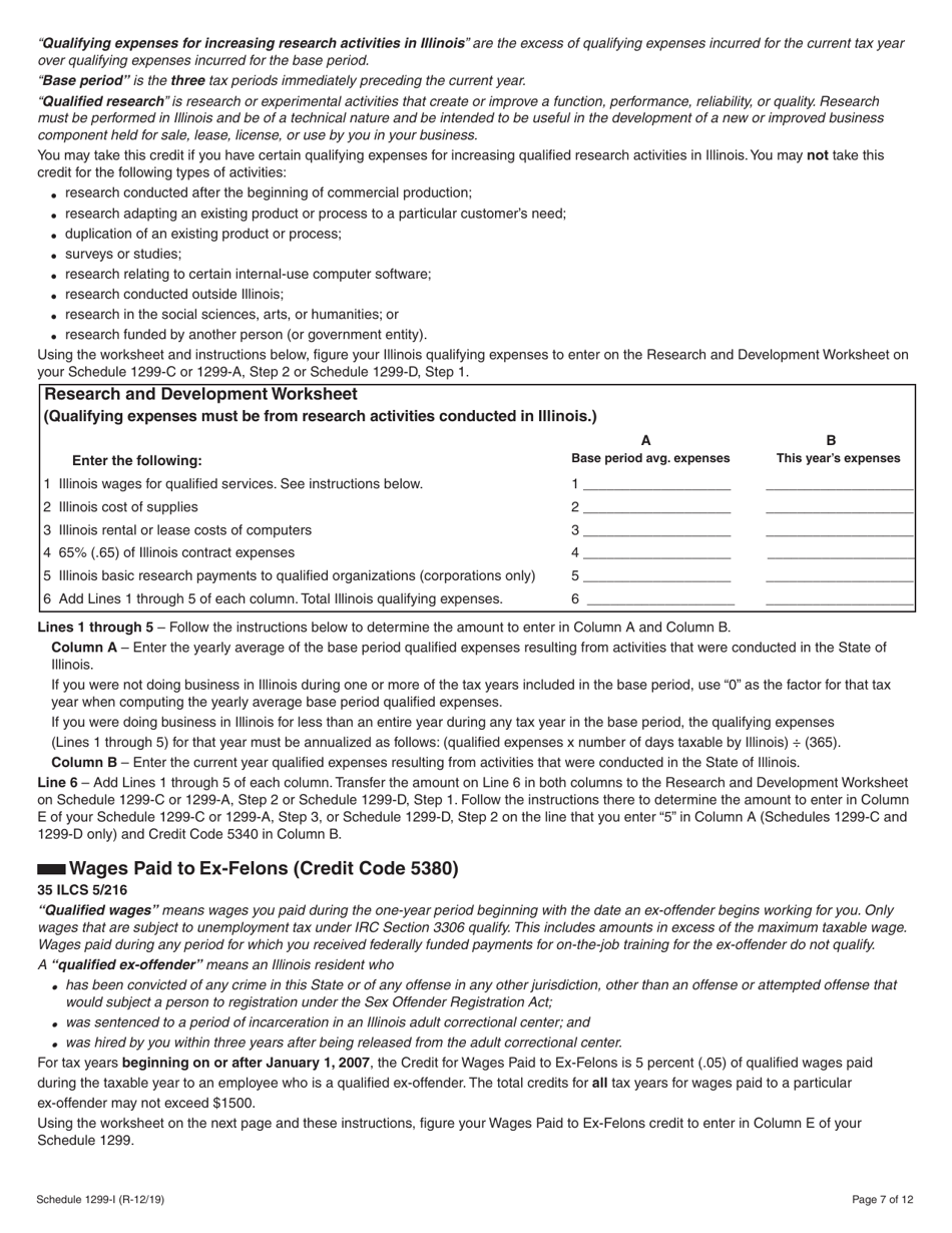 Schedule 1299-I Income Tax Credits Information and Worksheets - Illinois, Page 7