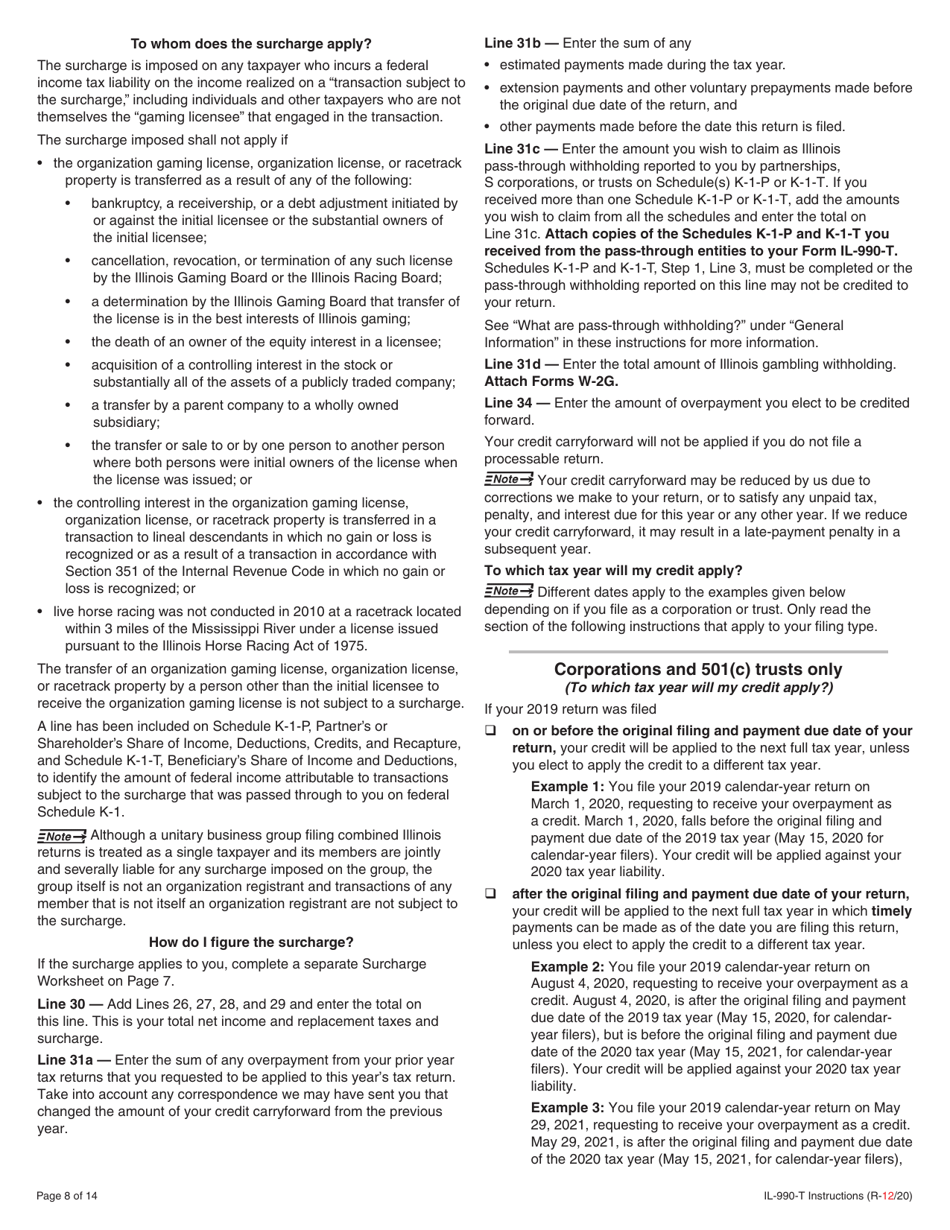 Instructions for Form IL-990-T Exempt Organization Income and Replacement Tax Return - Illinois, Page 8