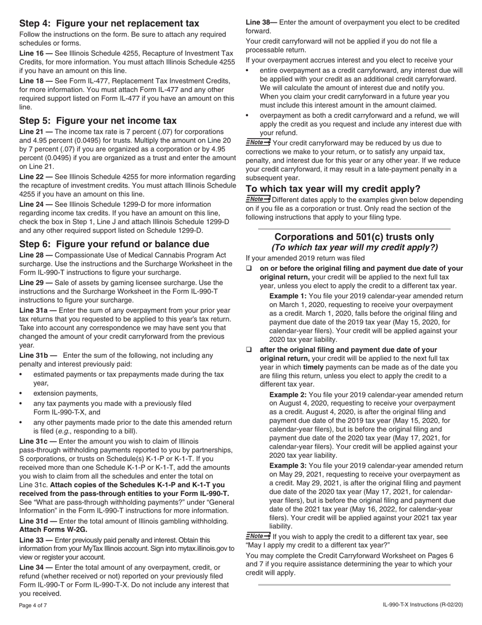 Instructions for Form IL-990-T-X Amended Exempt Organization Income and Replacement Tax Return - Illinois, Page 4