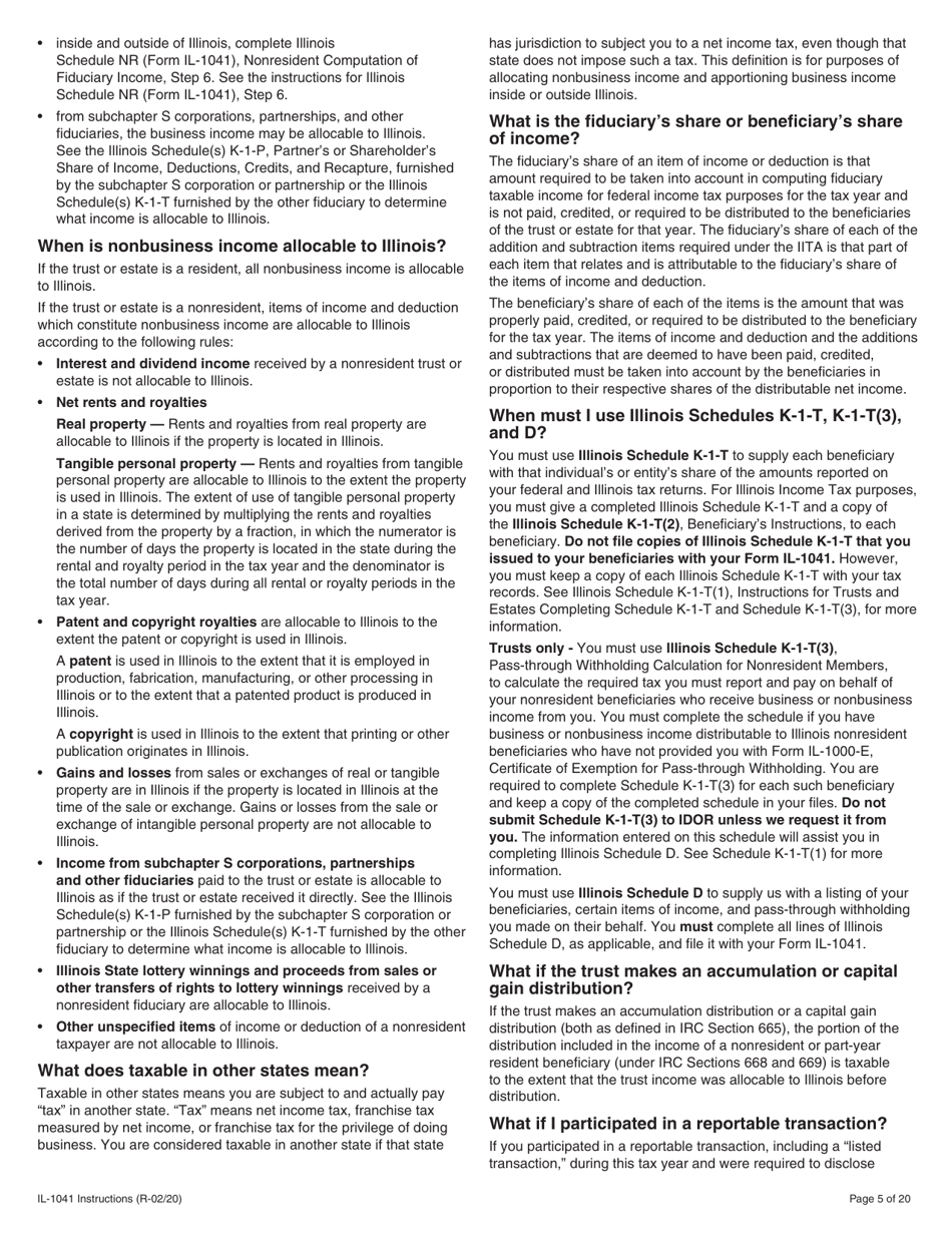 Instructions for Form IL-1041 Fiduciary Income and Replacement Tax Return - Illinois, Page 5
