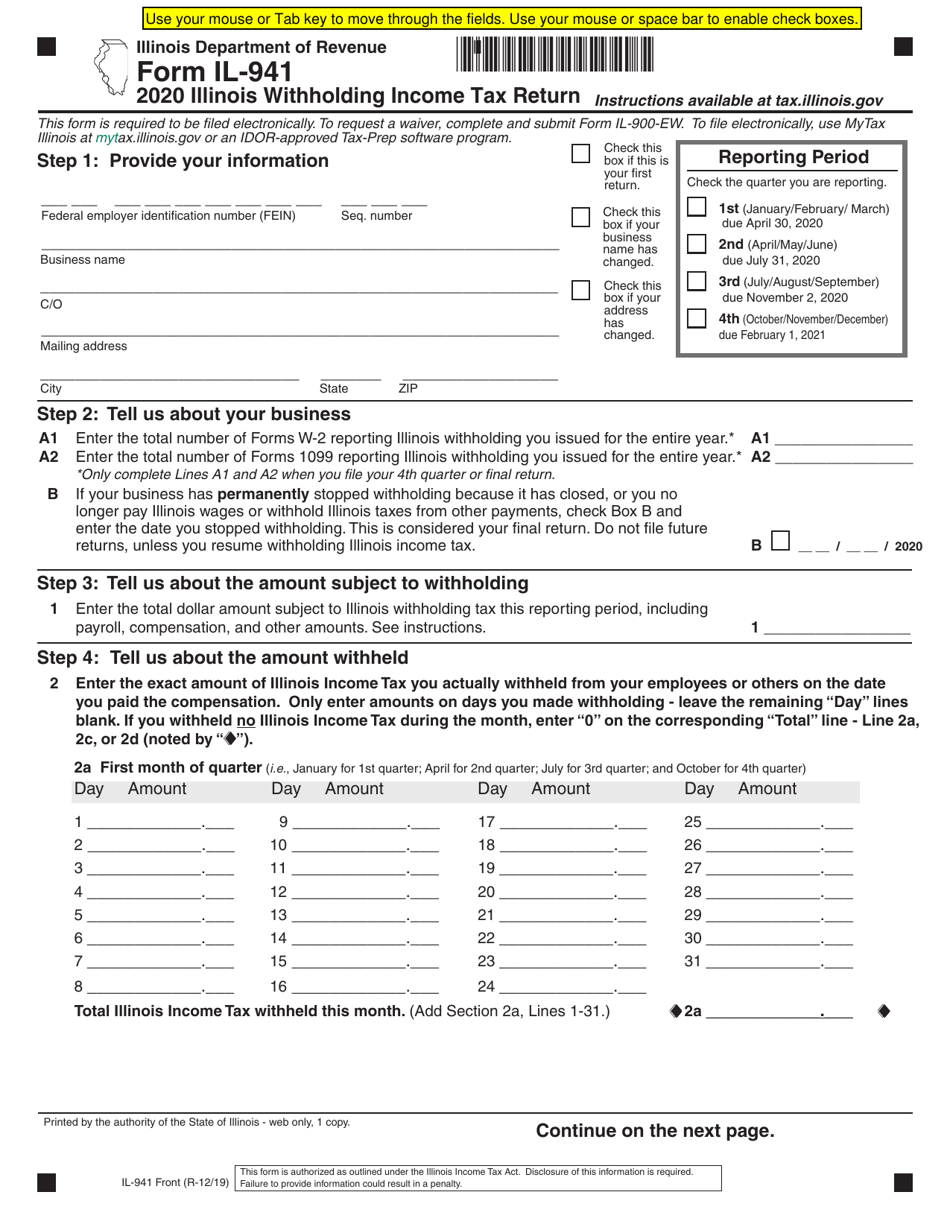 Form IL941 Download Fillable PDF or Fill Online Illinois Withholding