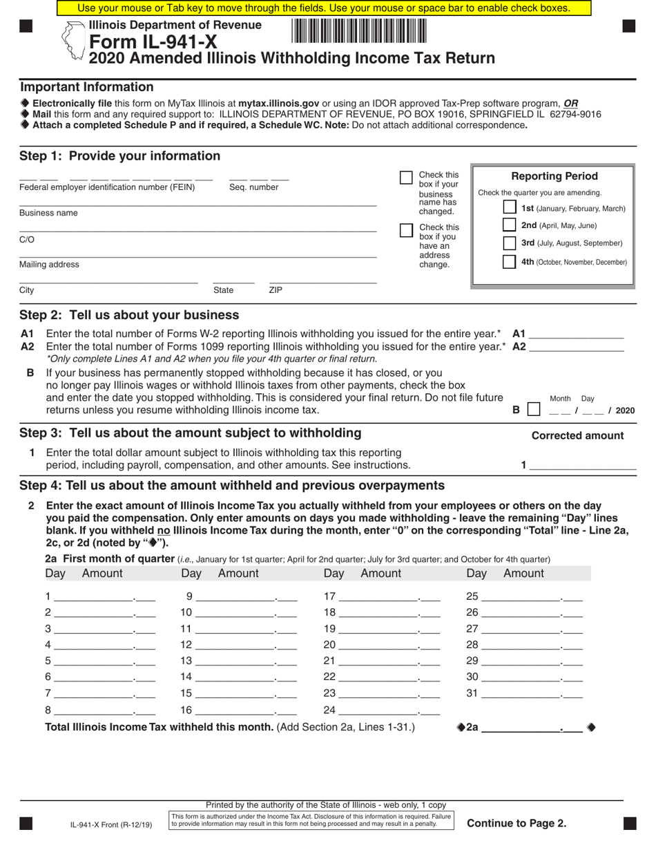 Form IL-941-X Amended Illinois Withholding Income Tax Return - Illinois, Page 1
