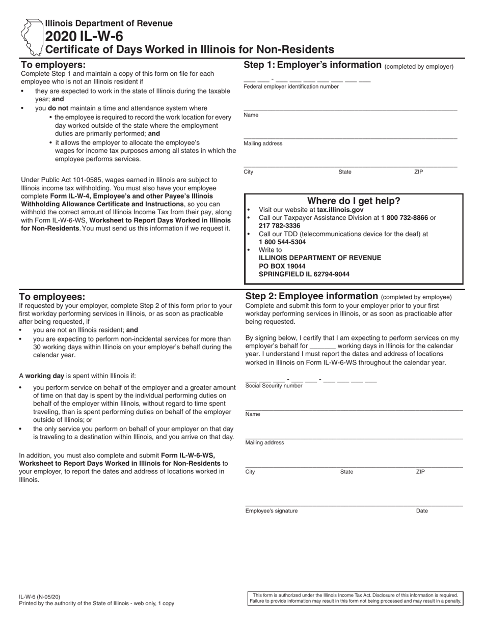 Form IL-W-6 Certificate of Days Worked in Illinois for Non-residents - Illinois, Page 1