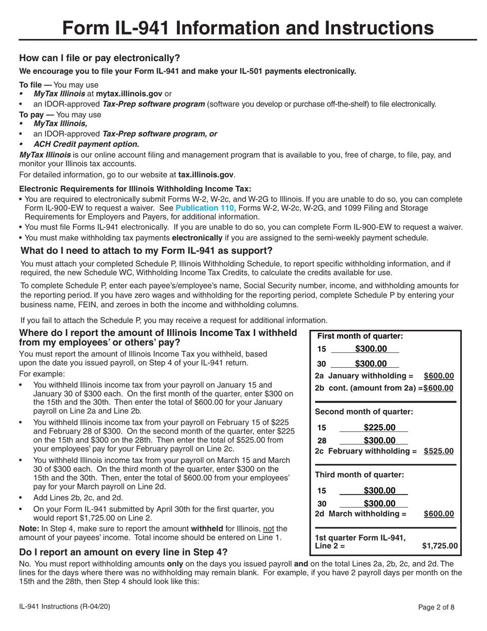 Download Instructions For Form Il 941 Illinois Withholding Income Tax Return Pdf 2020 1253