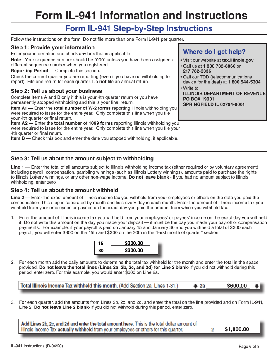 Download Instructions for Form IL941 Illinois Withholding Tax Return PDF, 2020