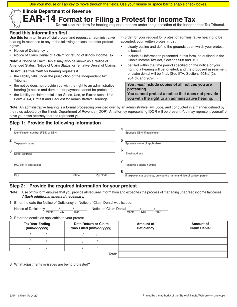 Form EAR-14 Format for Filing a Protest for Income Tax - Illinois, Page 1