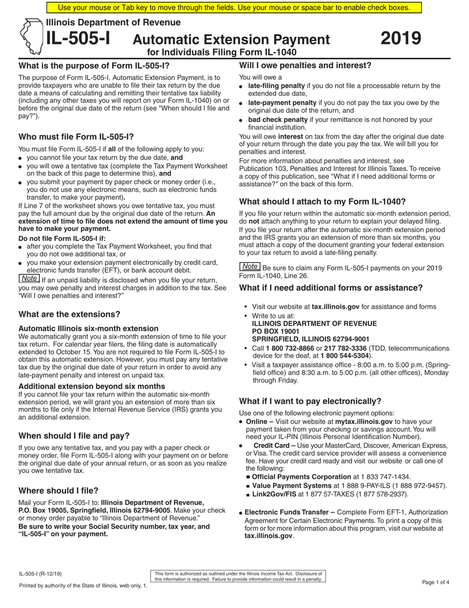 Form IL-505-I Automatic Extension Payment for Individuals - Illinois, Page 1