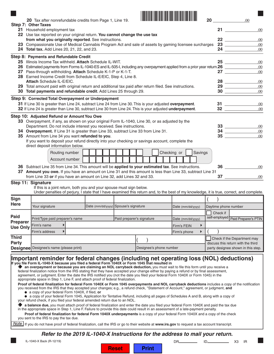 Form IL1040X 2019 Fill Out, Sign Online and Download Fillable PDF