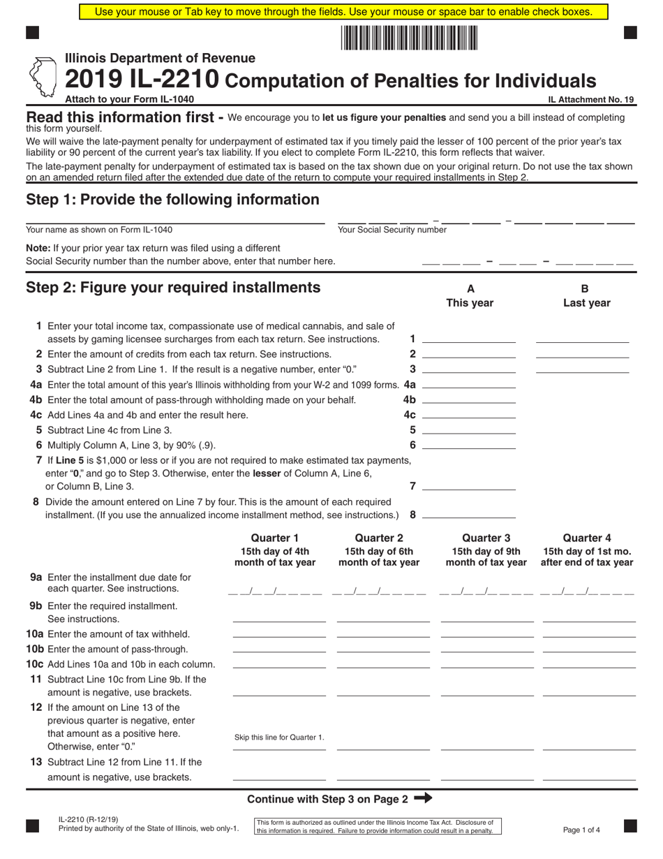 Form IL-2210 Computation of Penalties for Individuals - Illinois, Page 1