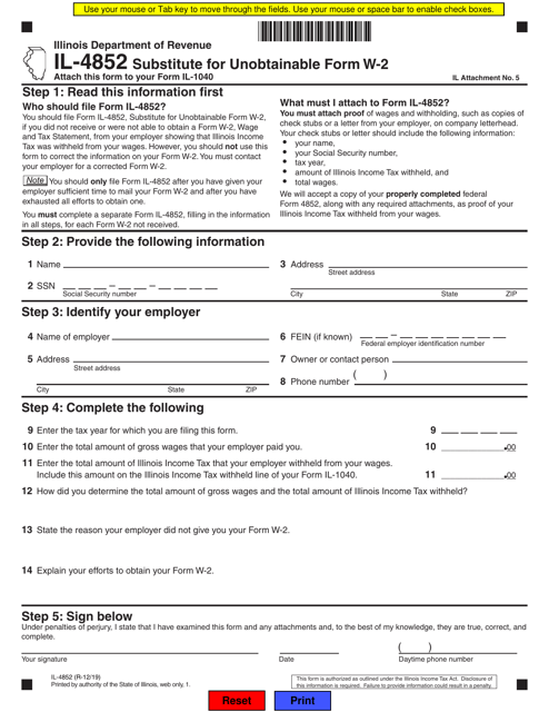 Form IL-4852 Substitute for Unobtainable Form W-2 - Illinois