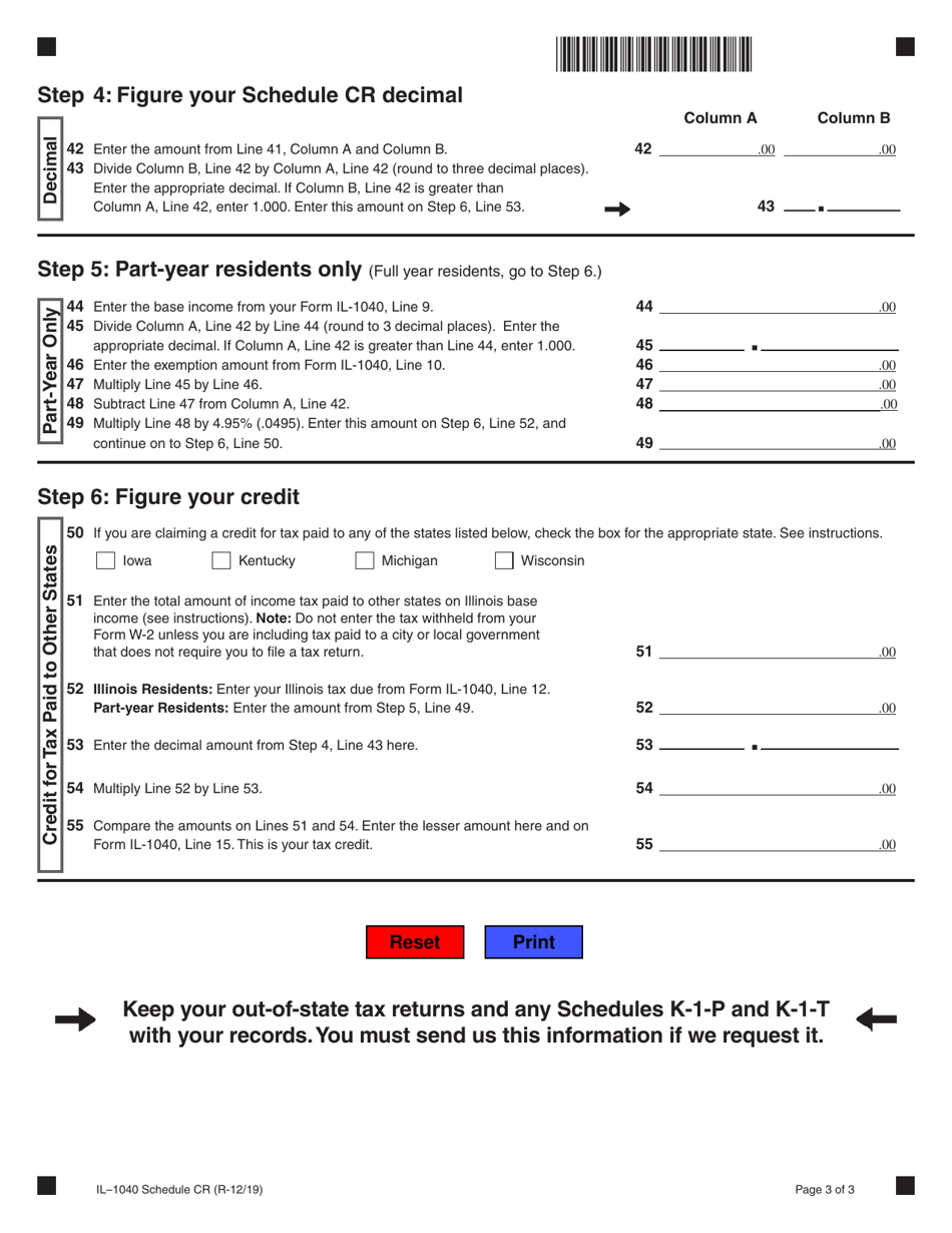 Form IL-1040 Schedule CR Credit for Tax Paid to Other States - Illinois, Page 3