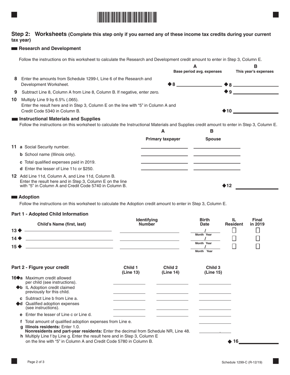 Schedule 1299-C Income Tax Subtractions and Credits (For Individuals) - Illinois, Page 2