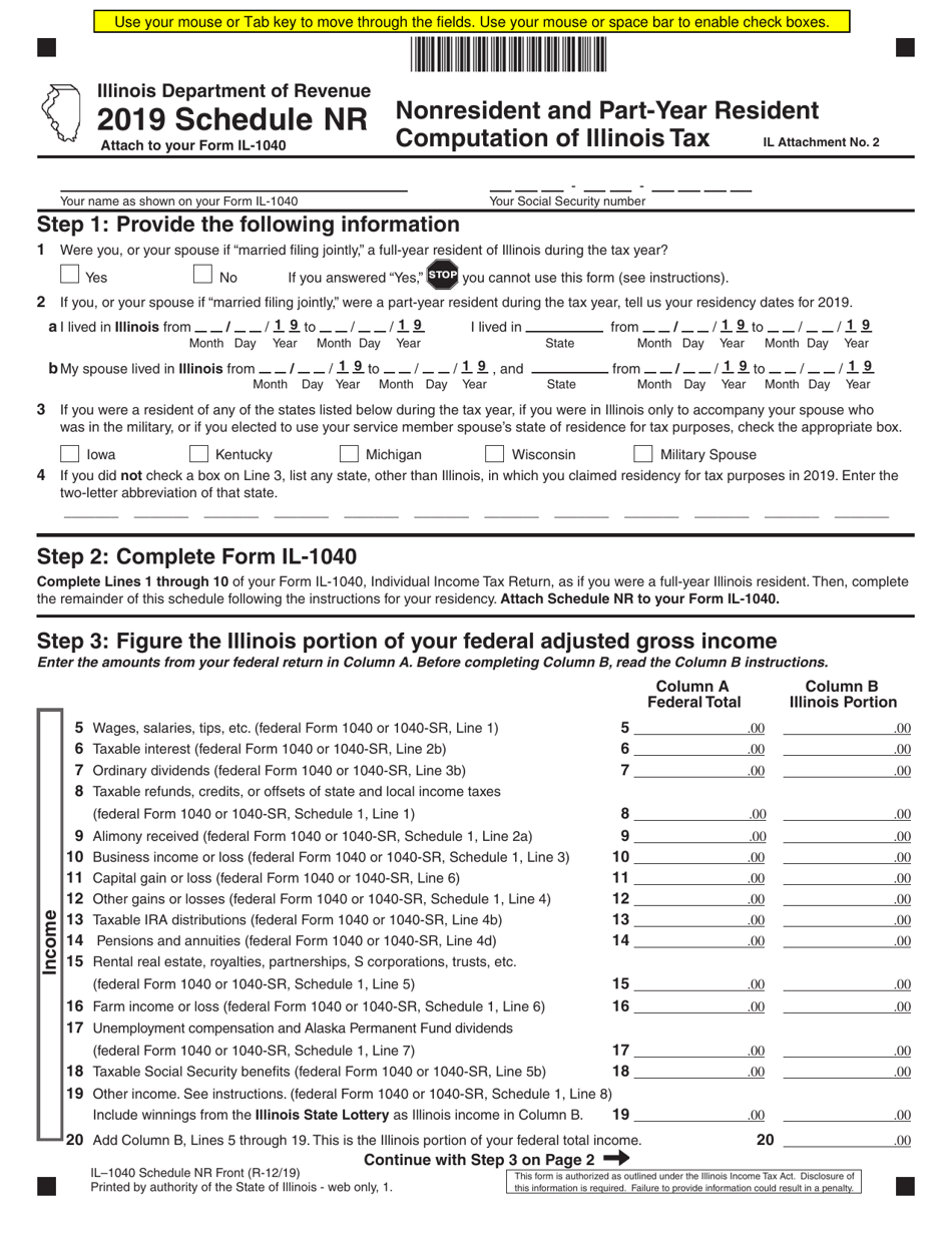 Form IL-1040 Schedule NR Nonresident and Part-Year Resident Computation of Illinois Tax - Illinois, Page 1