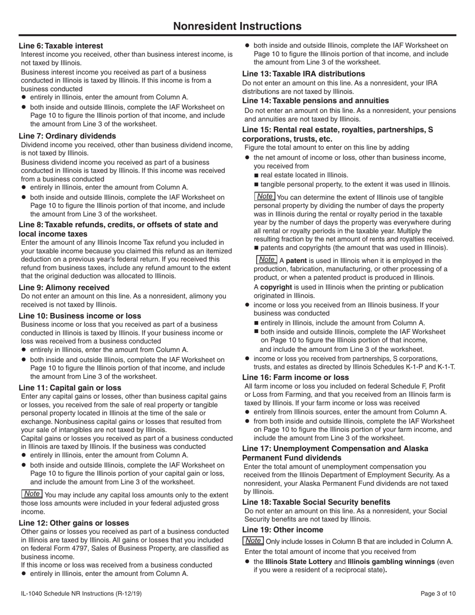 Instructions for Form IL-1040 Schedule NR Nonresident and Part-Year Resident Computation of Illinois Tax - Illinois, Page 3