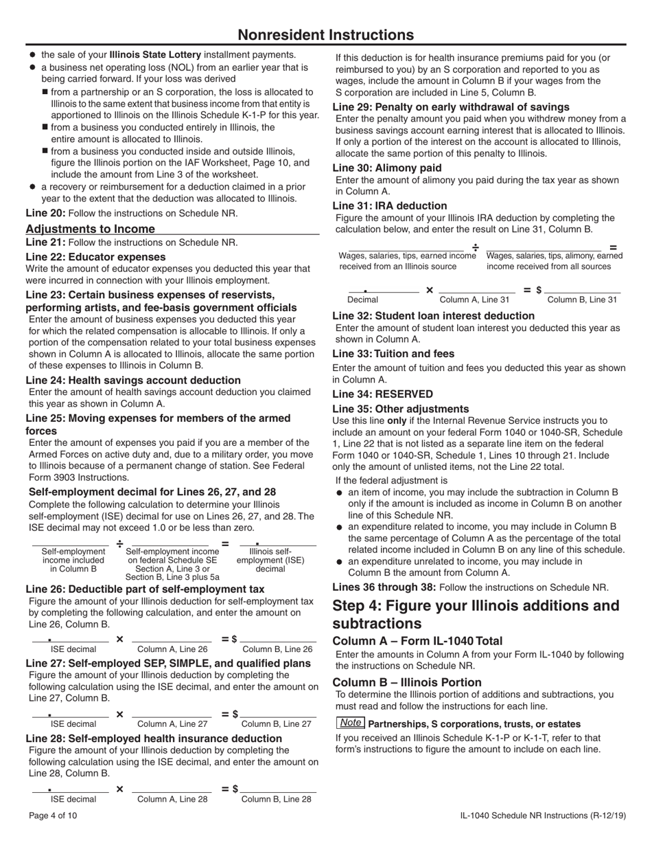 Instructions for Form IL-1040 Schedule NR Nonresident and Part-Year Resident Computation of Illinois Tax - Illinois, Page 4