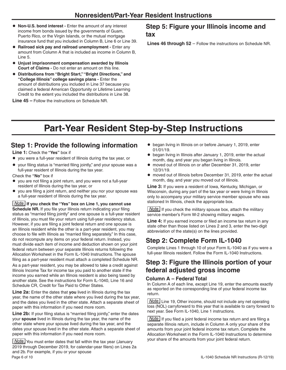 Instructions for Form IL-1040 Schedule NR Nonresident and Part-Year Resident Computation of Illinois Tax - Illinois, Page 6