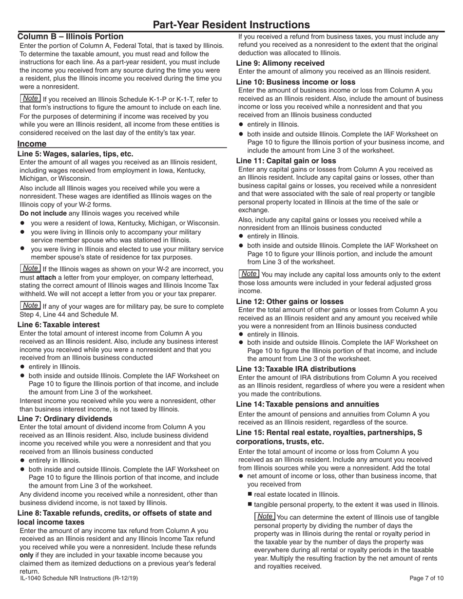 Instructions for Form IL-1040 Schedule NR Nonresident and Part-Year Resident Computation of Illinois Tax - Illinois, Page 7