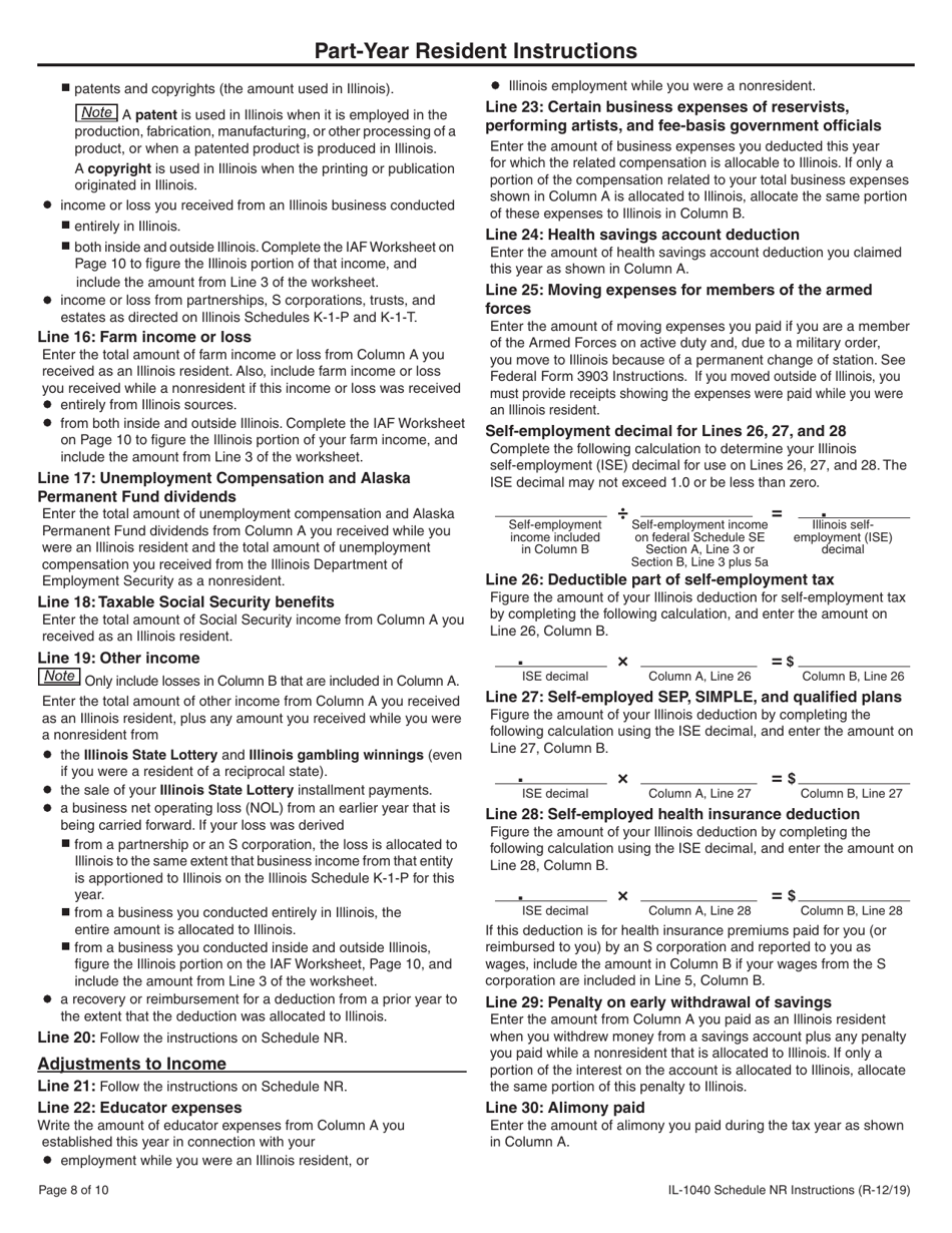 Instructions for Form IL-1040 Schedule NR Nonresident and Part-Year Resident Computation of Illinois Tax - Illinois, Page 8