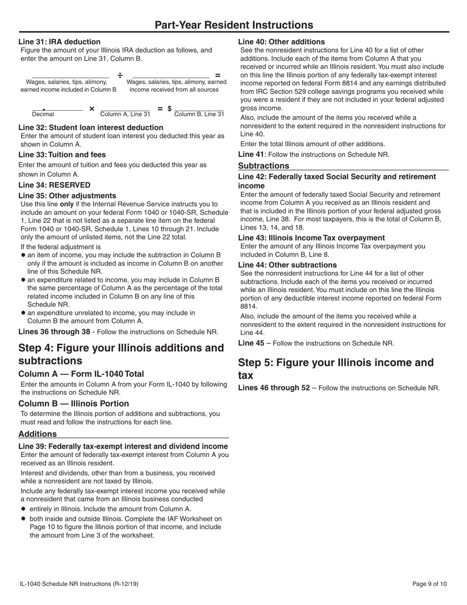 Instructions for Form IL-1040 Schedule NR Nonresident and Part-Year Resident Computation of Illinois Tax - Illinois, Page 9