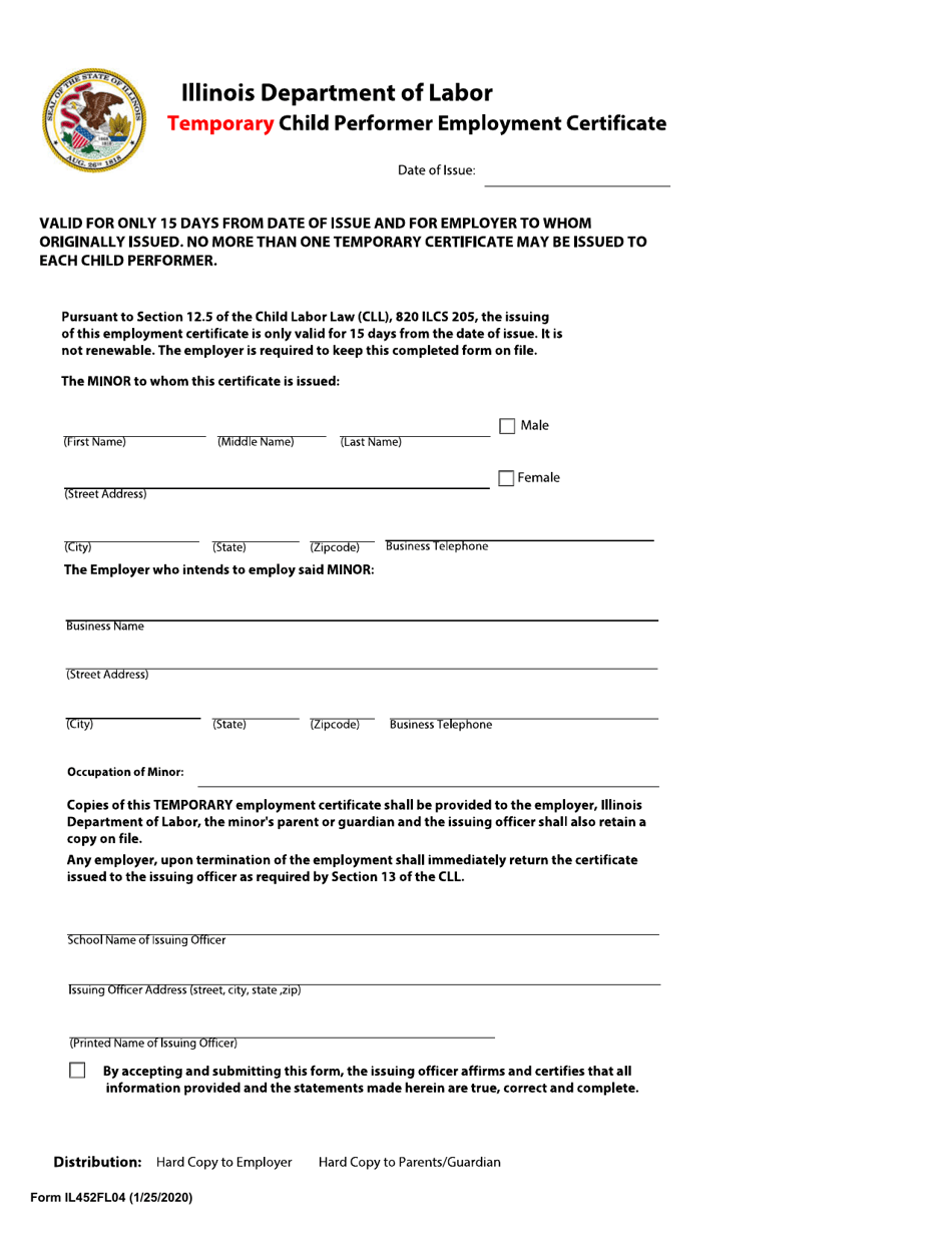 Form IL452FL04 Temporary Child Performer Employment Certificate - Illinois, Page 1