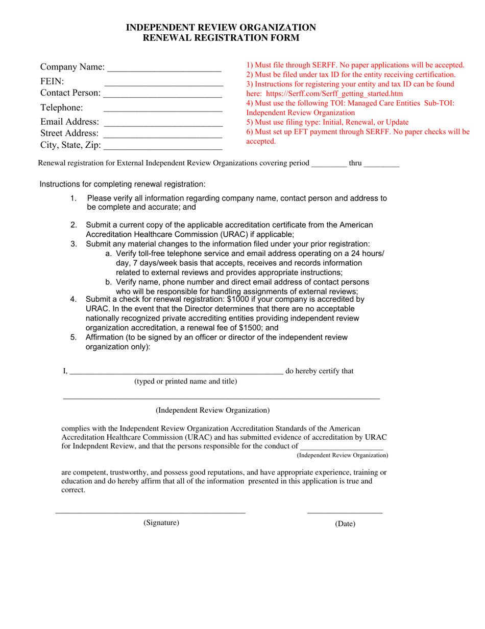 Independent Review Organization Renewal Registration Form - Illinois, Page 1