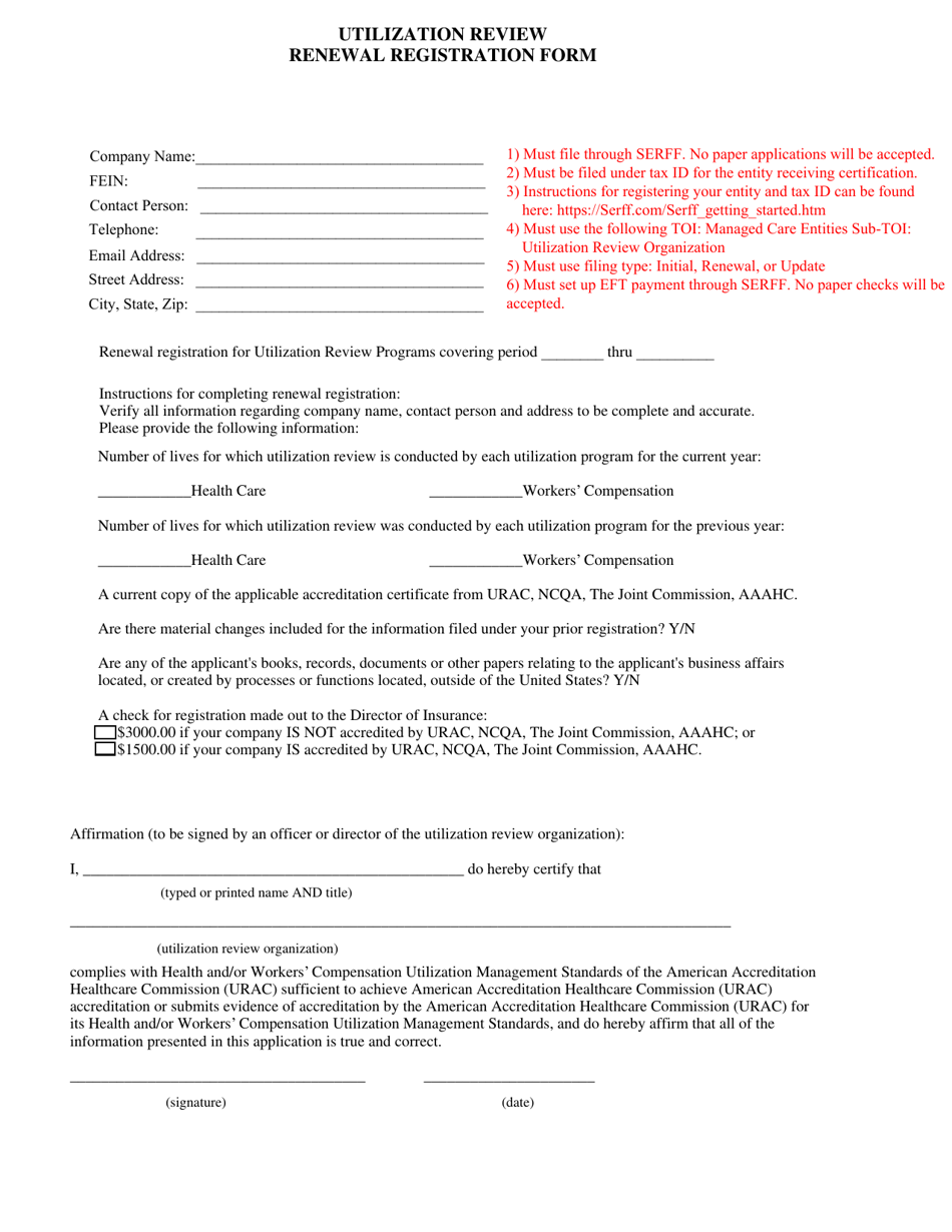 Utilization Review Renewal Registration Form - Illinois, Page 1