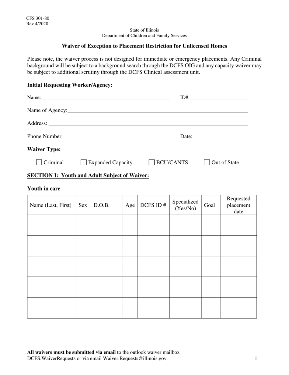Form CFS301-80 Waiver of Exception to Placement Restriction for Unlicensed Homes - Illinois, Page 1