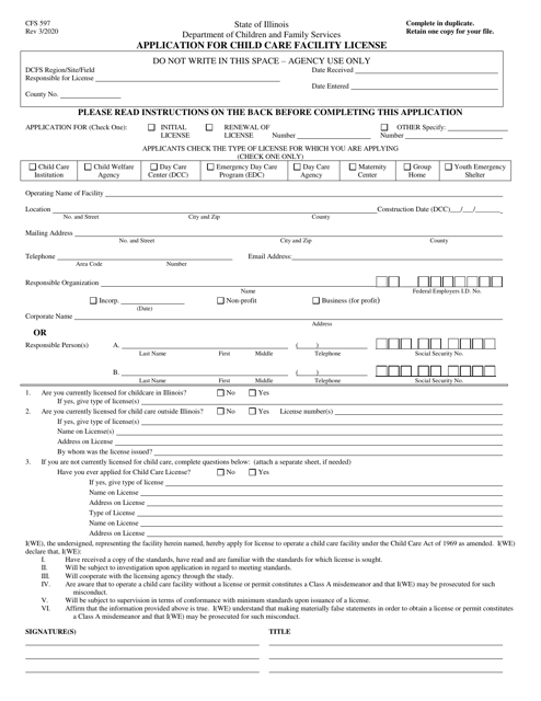 Form CFS597 Application for Child Care Facility License - Illinois