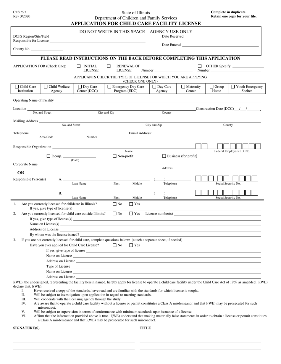 Form CFS597 Application for Child Care Facility License - Illinois, Page 1