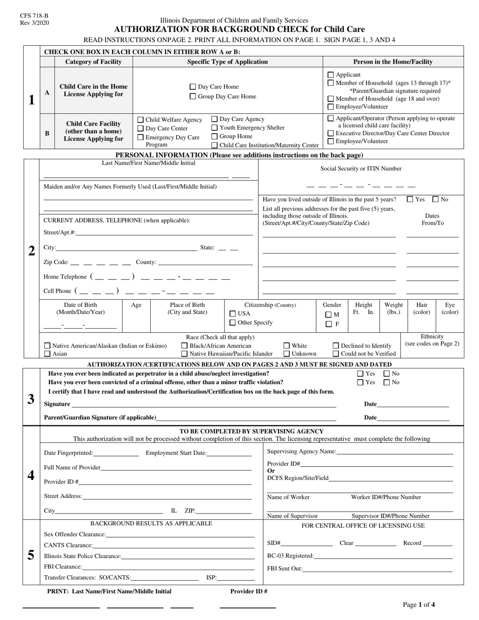 Form CFS718-B Authorization for Background Check for Child Care - Illinois, Page 1