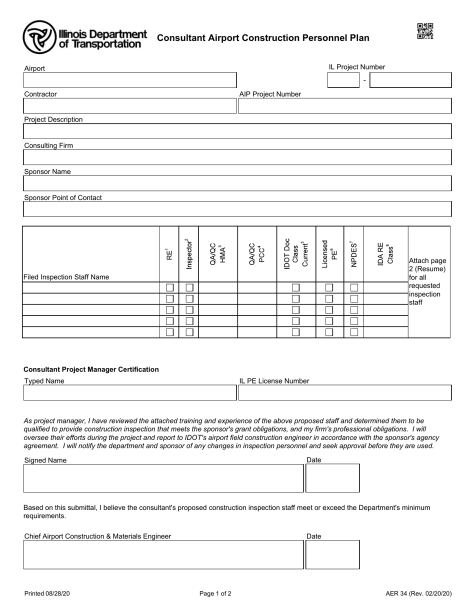 Form AER34 Consultant Airport Construction Personnel Plan - Illinois, Page 1