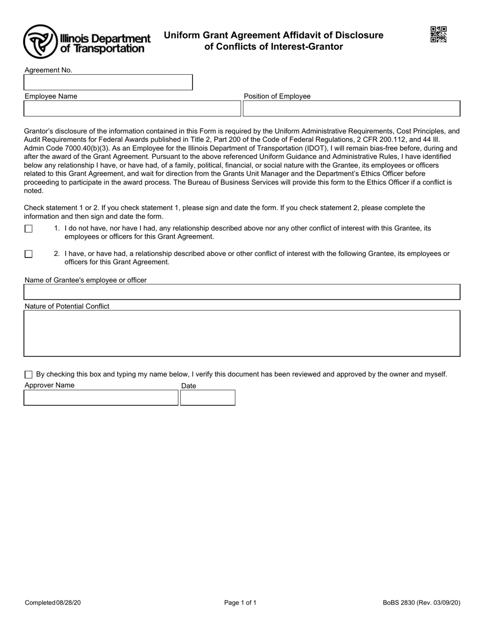 Form BoBS2830 Uniform Grant Agreement Affidavit of Disclosure of Conflicts of Interest-Grantor - Illinois, Page 1