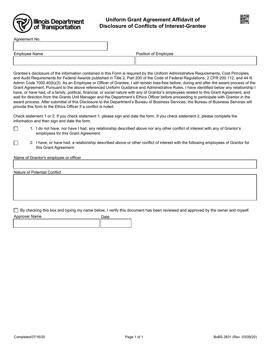 Form BoBS2831 Uniform Grant Agreement Affidavit of Disclosure of Conflicts of Interest-Grantee - Illinois, Page 1