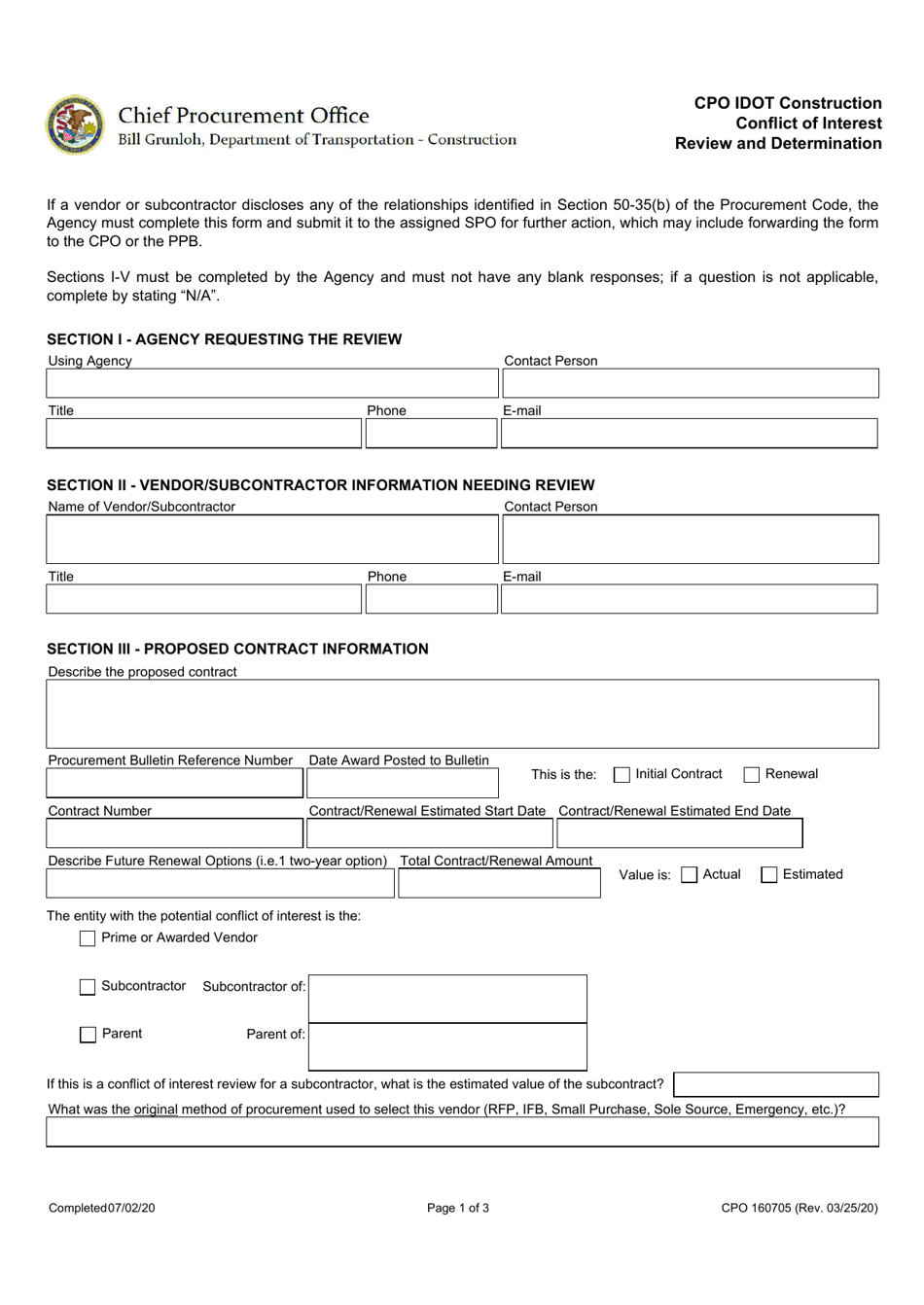 Form CPO160705 Cpo Idot Construction Conflict of Interest Review and Determination - Illinois, Page 1