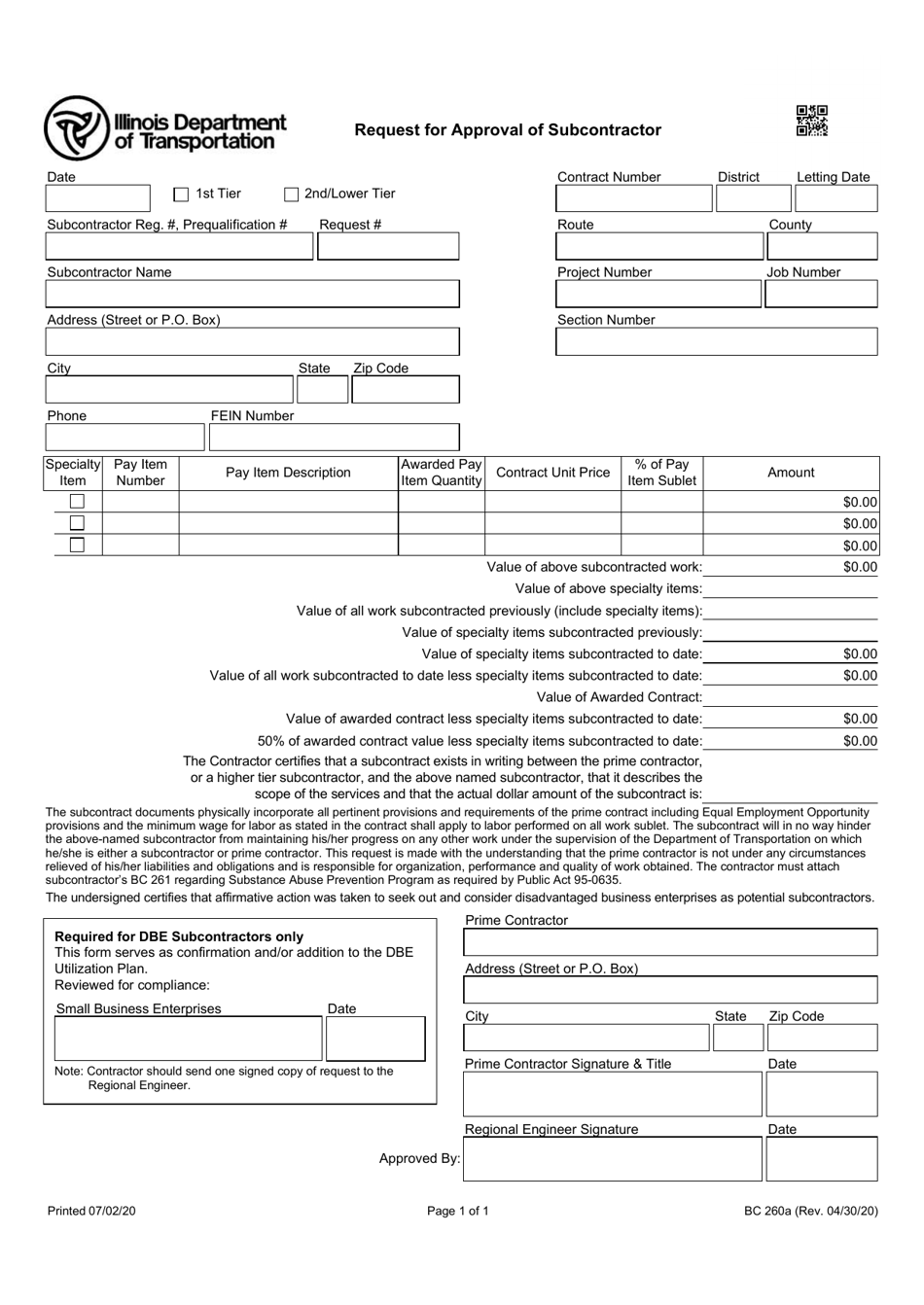 Form BC260A Request for Approval of Subcontractor - Illinois, Page 1