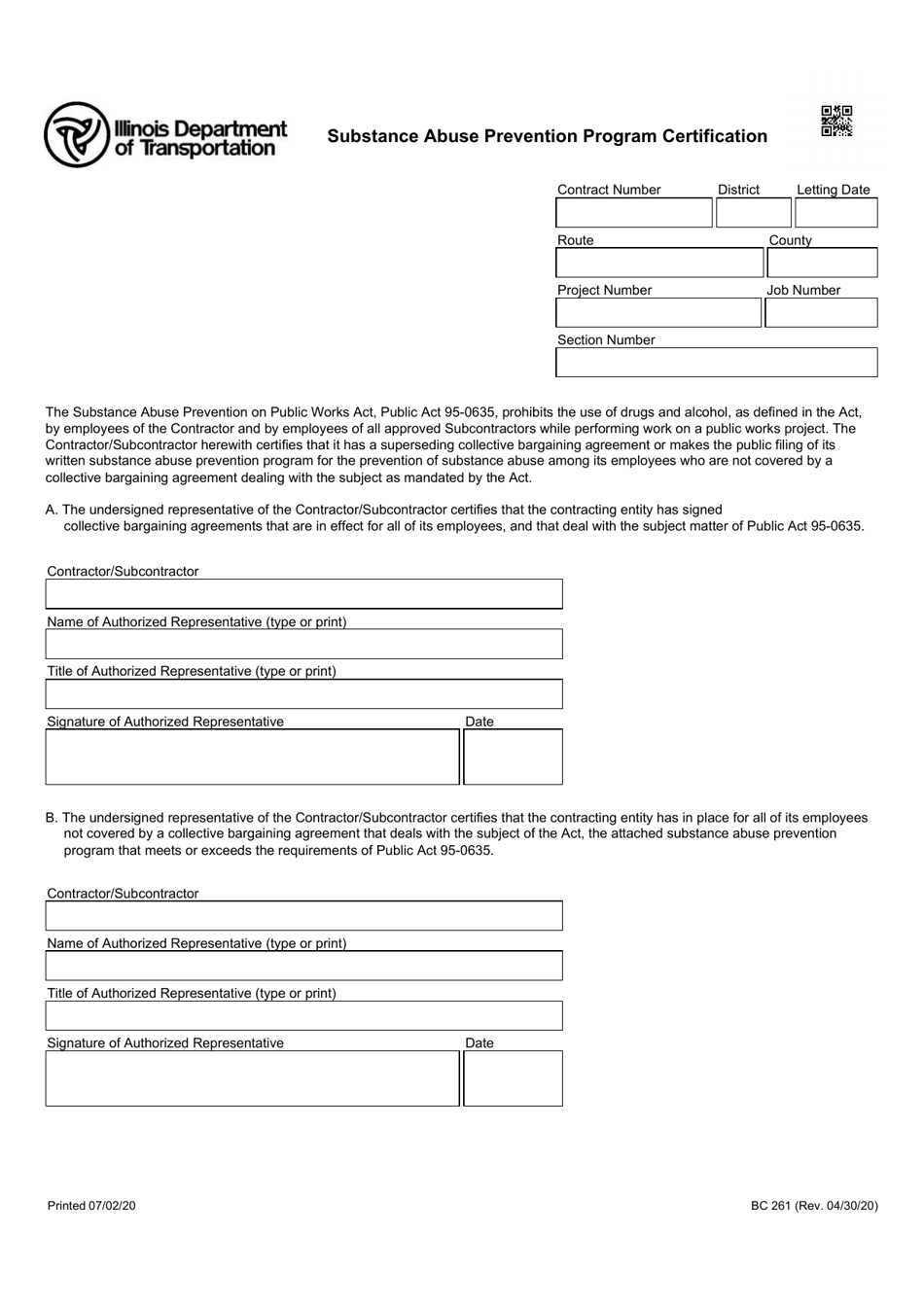 Form BC261 Substance Abuse Prevention Program Certification - Illinois, Page 1