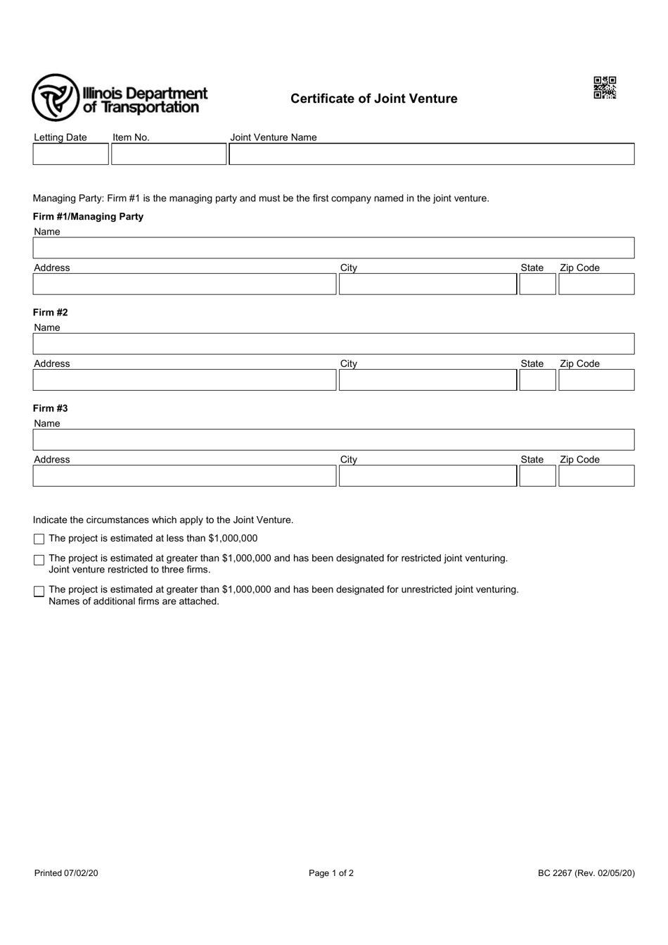 Form BC2267 Certificate of Joint Venture - Illinois, Page 1